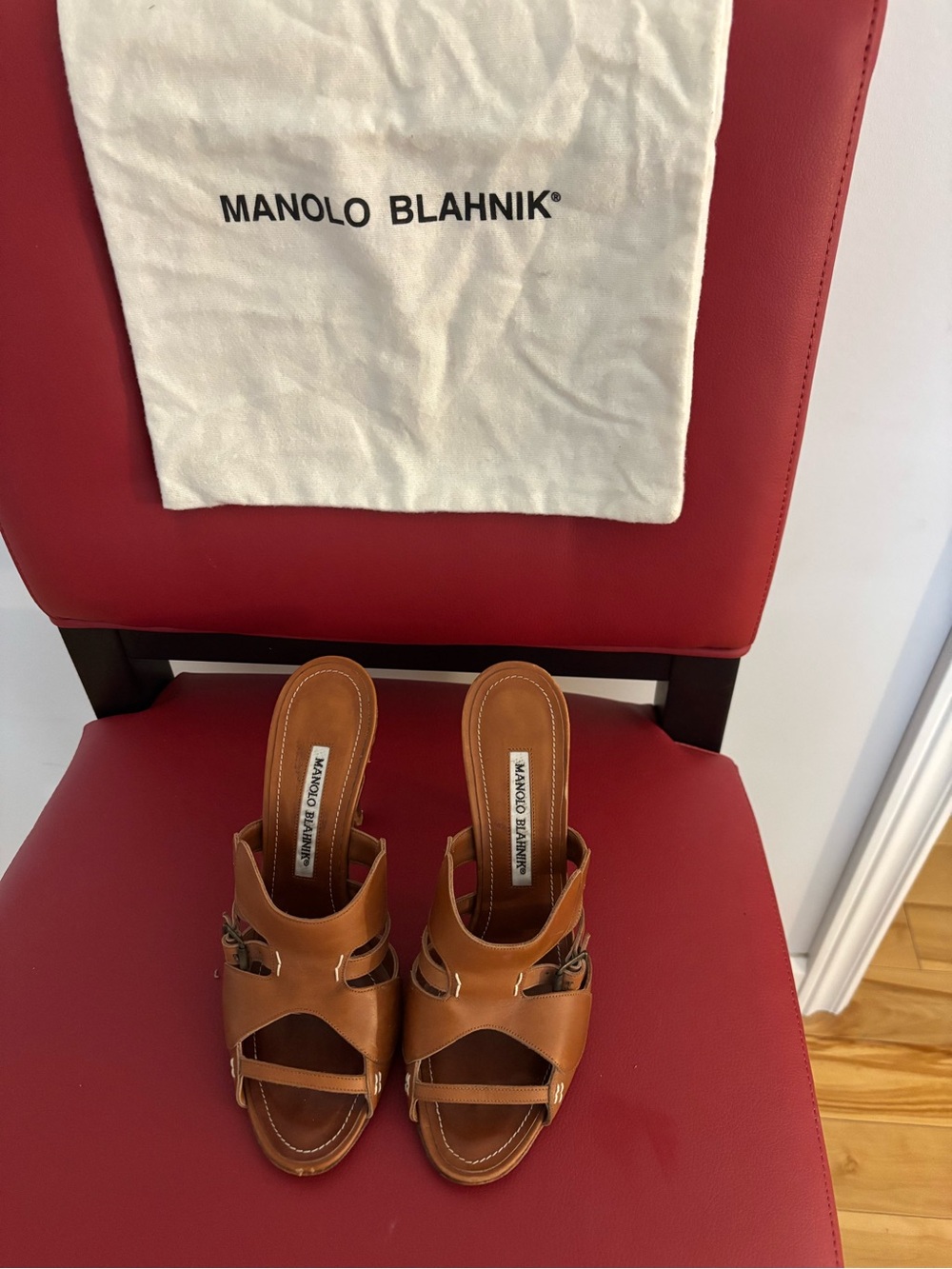 Manolo Blahnik Brown Leather Slide Mules with Cutout Straps